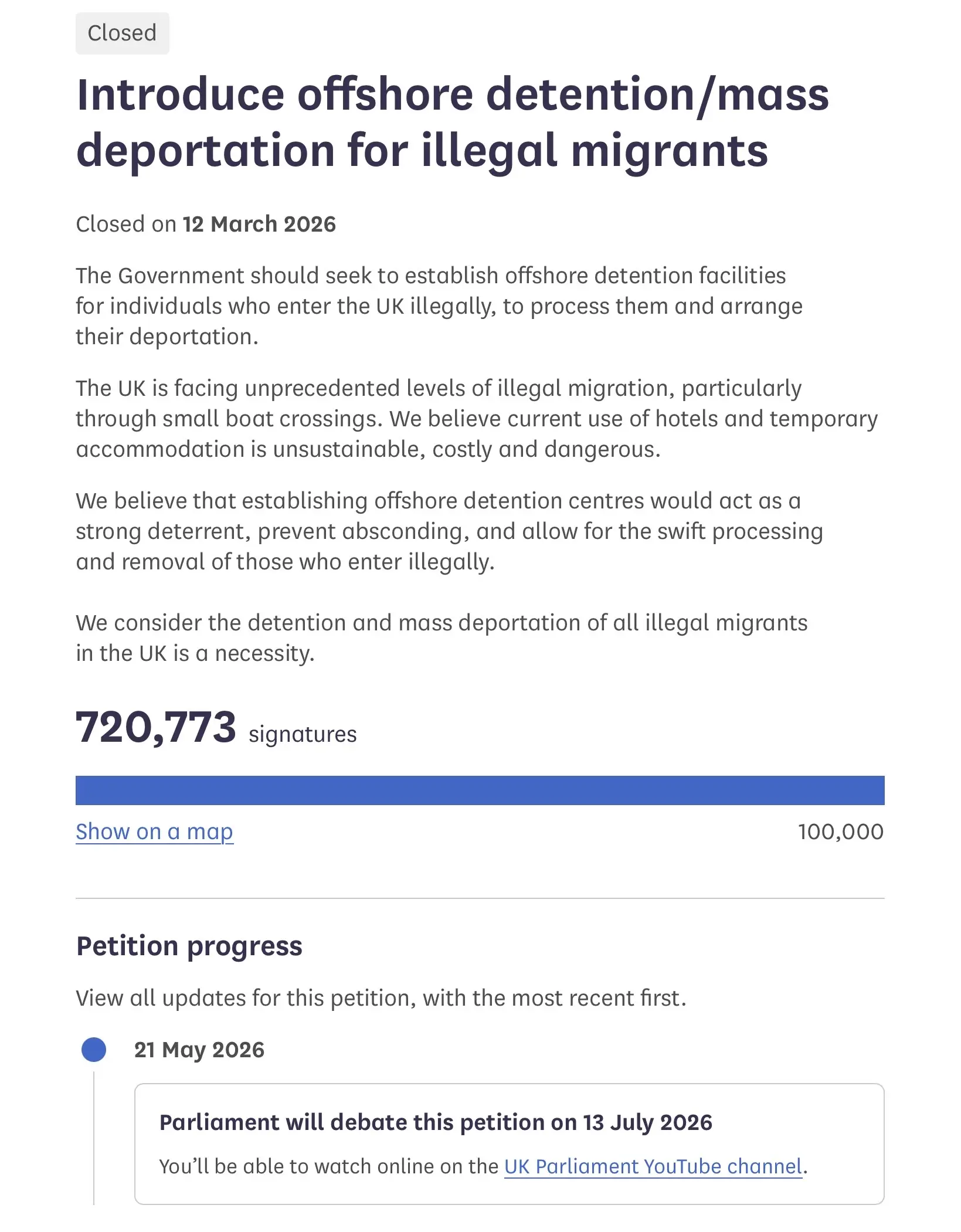 Parliament is going to debate the petition On the 13 July 2026