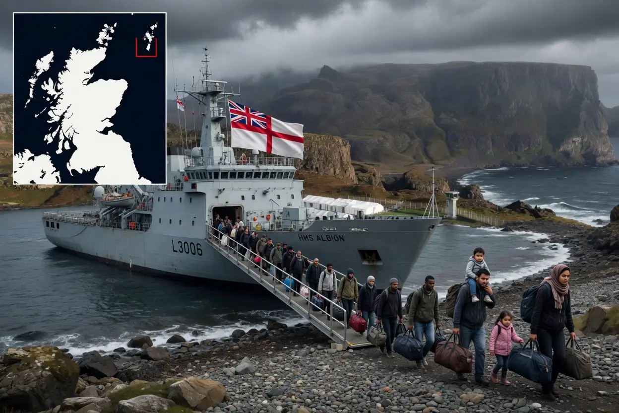Migrants getting of a Royal Navy ship