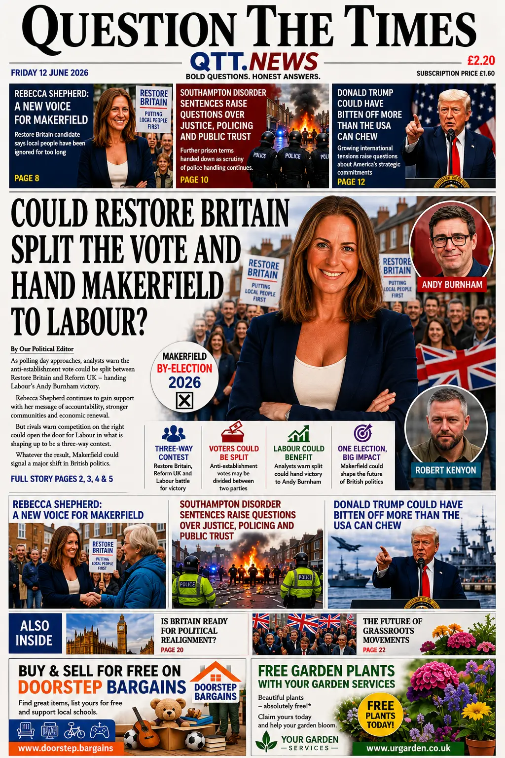 Front page of Question The Times newspaper dated Friday 12 June 2026 featuring Rebecca Shepherd at the centre of a Makerfield by-election story. The page includes articles on Southampton disorder sentencing, Donald Trump and international tensions, Andy Burnham, Robert Kenyon, and grassroots political movements.