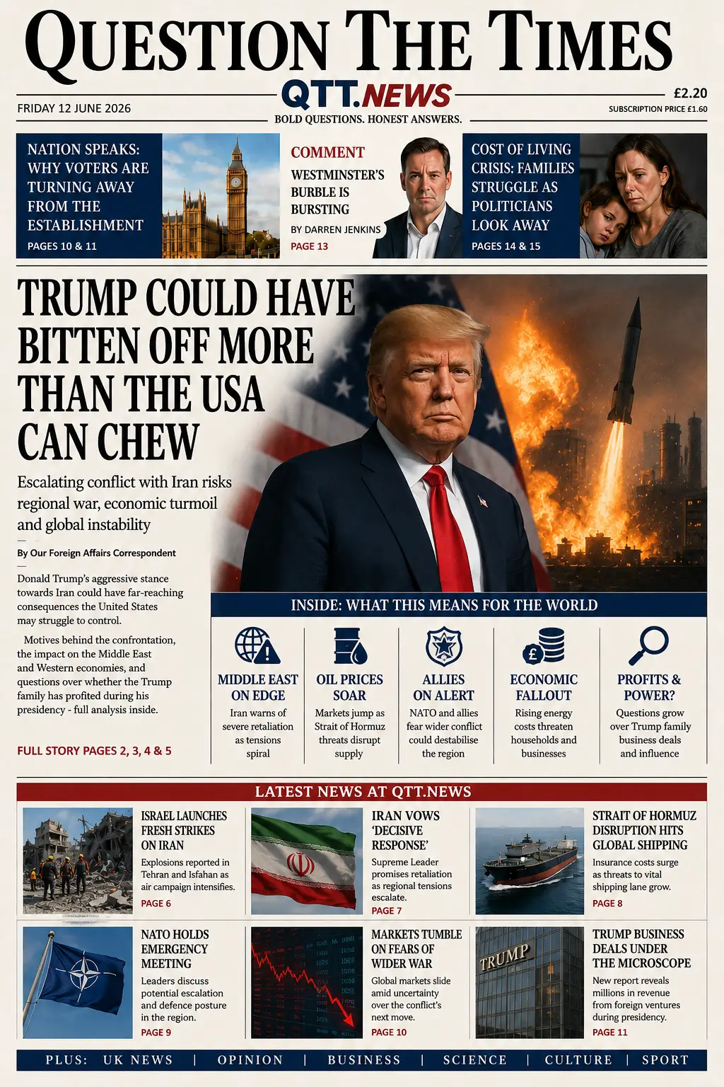 Question The Times newspaper front page dated Friday 12 June 2026 featuring a headline about Donald Trump and the Iran crisis. The cover shows a large portrait of Trump against an American flag backdrop, with explosions and a missile launch symbolising Middle East tensions. Supporting stories cover oil prices, NATO concerns, economic fallout, global shipping disruption and scrutiny of Trump family business dealings.