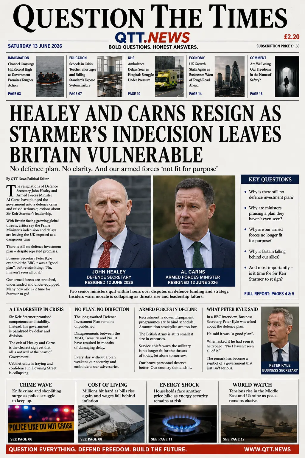 Broadsheet-style front page of Question The Times newspaper dated Saturday 13 June 2026. The main headline reads "Healey and Carns Resign as Starmer's Indecision Leaves Britain Vulnerable." The page features large photographs of John Healey and Al Carns, articles discussing defence policy, military readiness, national security concerns, and political debate surrounding the UK government's handling of defence planning.