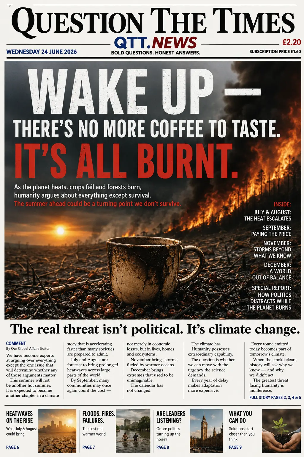 Front page of the fictional newspaper Question The Times featuring the headline "Wake Up—There's No More Coffee to Taste. It's All Burnt." The main image shows a charred coffee cup sitting on burnt ground in front of an intense forest wildfire with thick black smoke and a setting sun. Supporting headlines discuss heatwaves, floods, climate change and humanity's response to the global climate crisis.